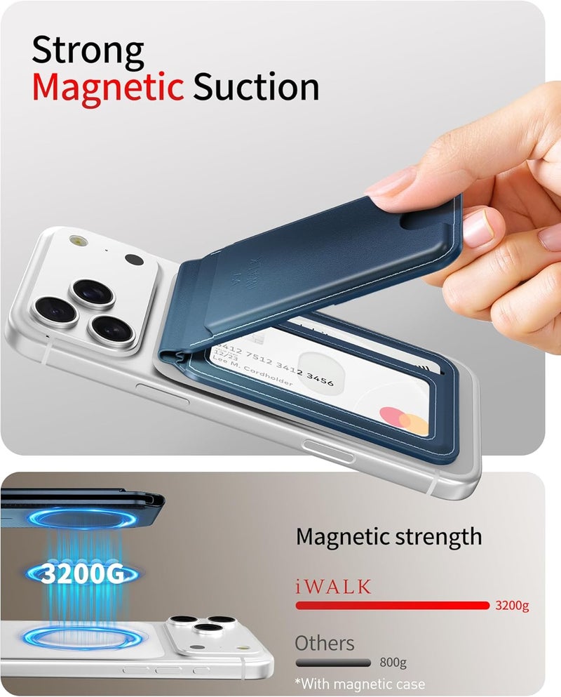 iWalk Stronger Magnetic Wallet, Upgraded for MagSafe Wallet, RFID Blocking, 5 Card Holder with Adjustable Stand, Slim Leather Phone Wallets for iPhone 16/15/14/13/12 Series, iPhone Wallets Navy Blue - Image 2